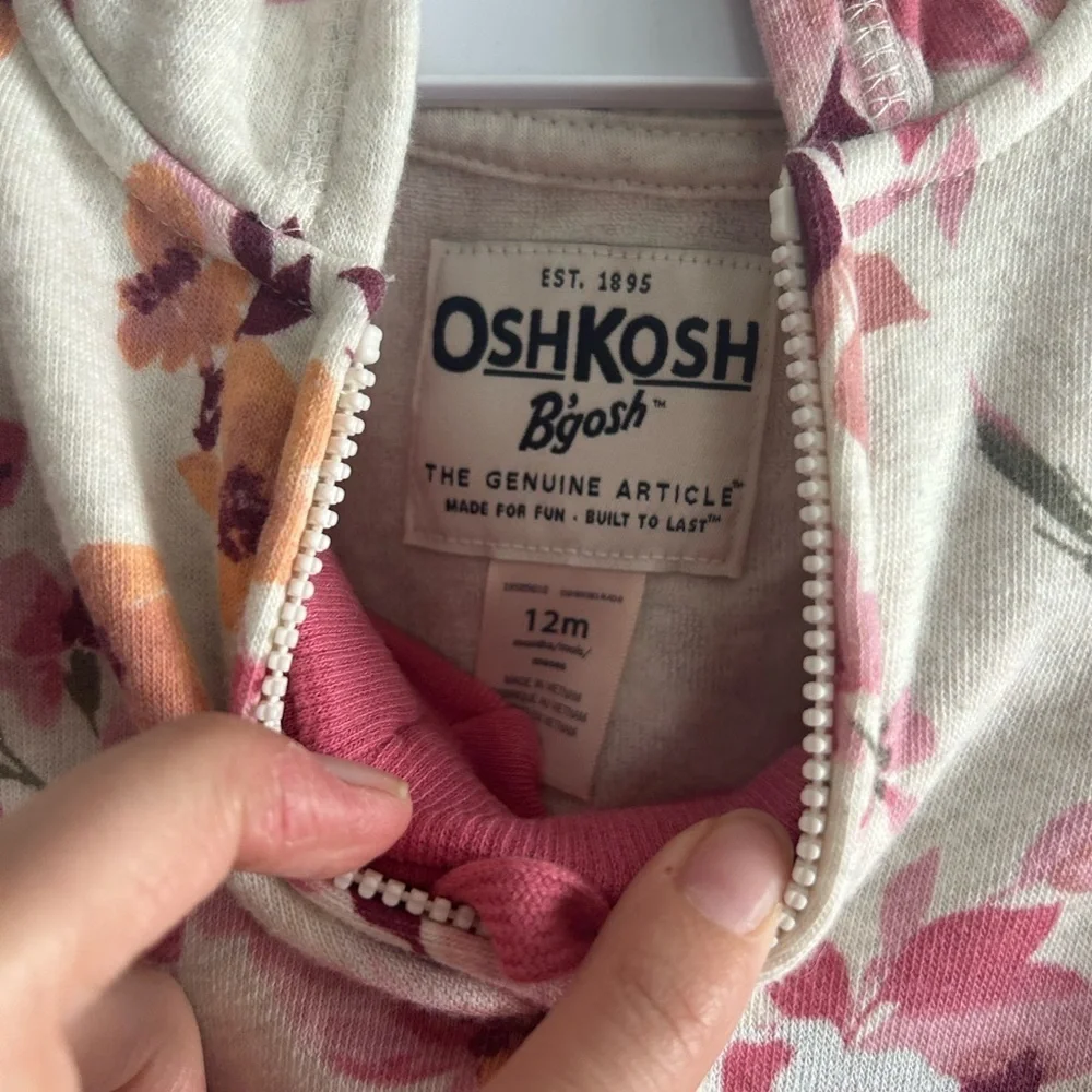 Girls Oshkosh b’gosh 12M pink sweatpants and floral zipped sweatshirt with hood